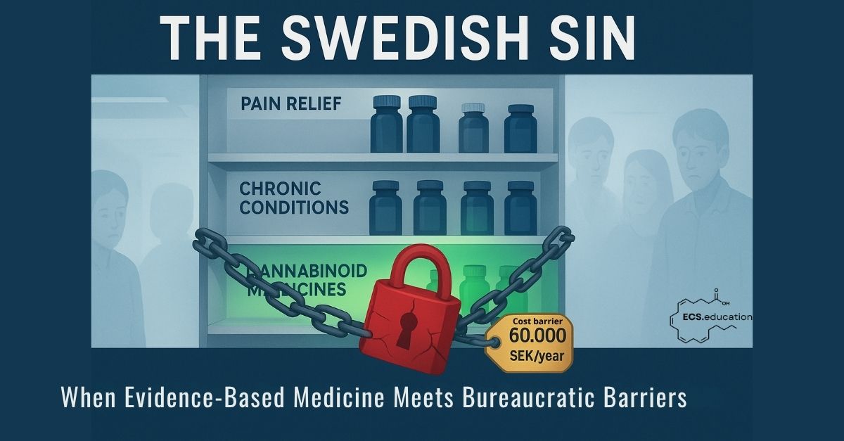 Medicine cabinet with three shelves. Top shelves labeled "Pain Relief" and "Chronic Conditions" show accessible medication bottles in blue. Bottom shelf labeled "Cannabinoid Medicines" shows green bottles but is secured with a large red padlock and chains. A gold price tag reads "cost barrier 60,000 SEK/year". Faded patient silhouettes visible in background. Title: "THE SWEDISH SIN" with subtitle "When Evidence-Based Medicine Meets Bureaucratic Barriers"
