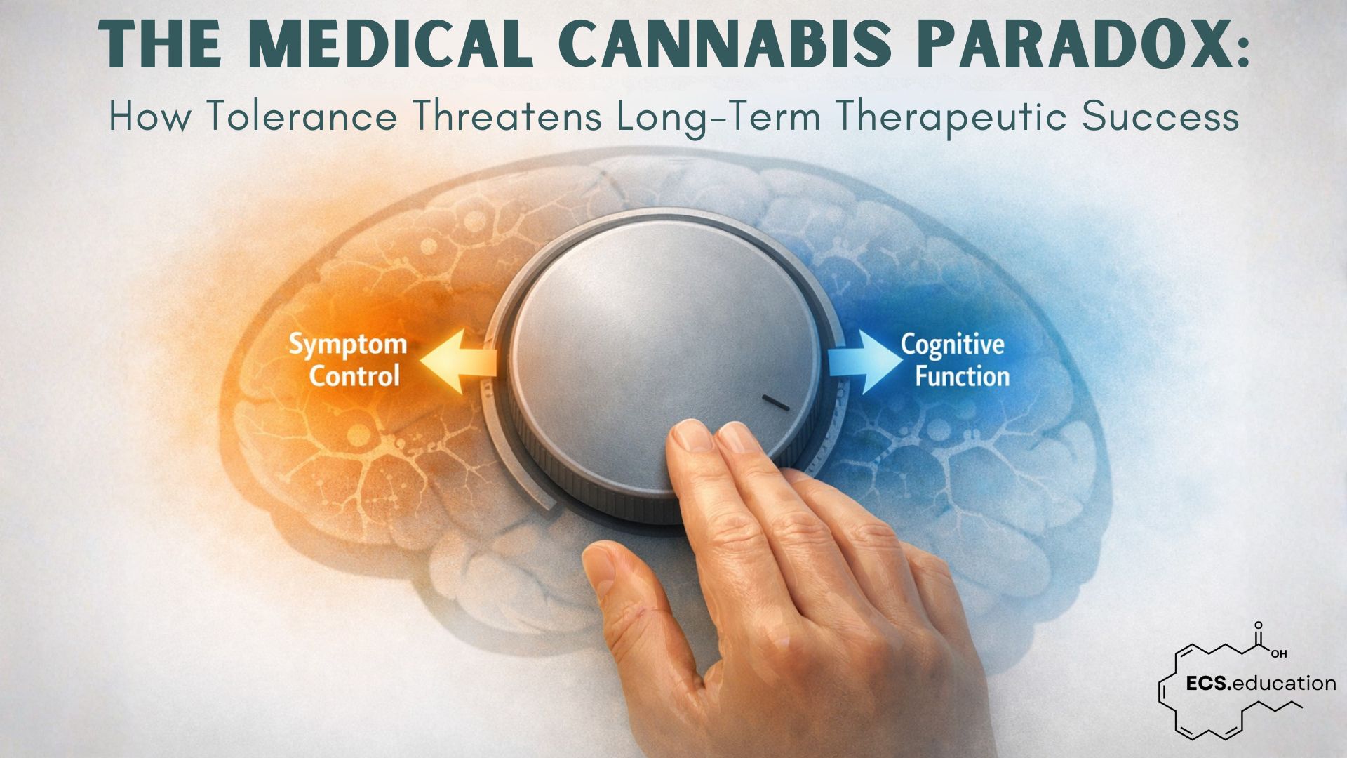 Minimalist illustration showing a central dial without markings, positioned over a faint brain outline. The dial balances two opposing arrows labeled ‘Symptom Control’ and ‘Cognitive Function,’ with a hand hovering uncertainly above it, symbolizing the trade-off between therapeutic efficacy and cognitive safety in medical cannabis use without knowledge of CB1 receptor availability.