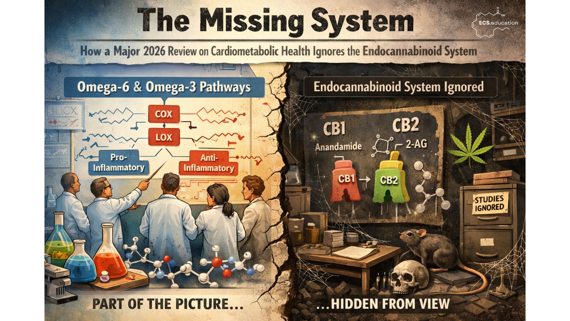 Divided illustration contrasting mainstream omega-6 fatty acid research on left with neglected endocannabinoid system CB1 CB2 receptor pathways anandamide 2-AG hidden behind broken wall on right alongside cannabis leaf and ignored research files