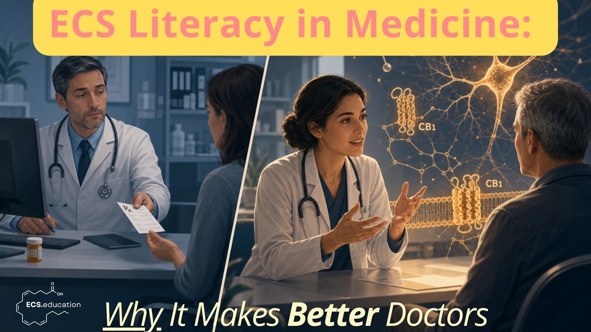 Split-screen illustration of two doctors, one of whom is ECS-literate. The blog post title is overlaid: 'ECS Literacy in Medicine: Why It Makes Better Doctors'