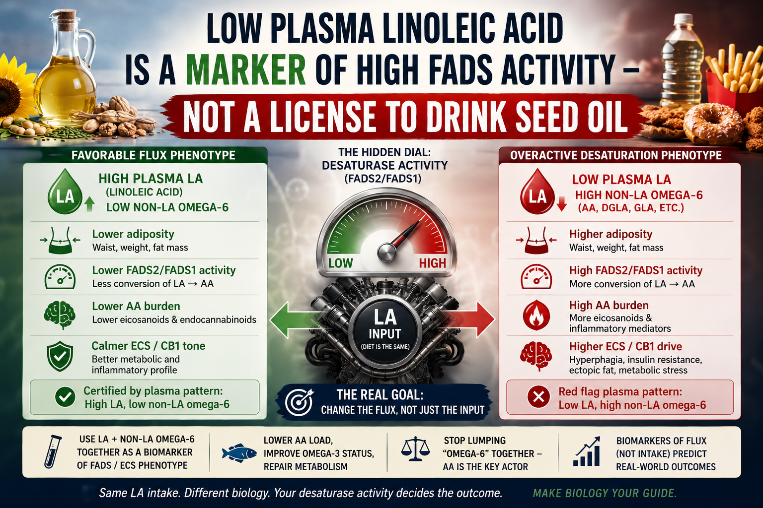 Three-panel diagram showing how dietary linoleic acid (LA) input, modulated by FADS desaturase activity, leads to divergent outcomes: high plasma LA with low downstream omega-6 (favorable) versus low plasma LA with high downstream omega-6 (inflammatory/ECS-driven)