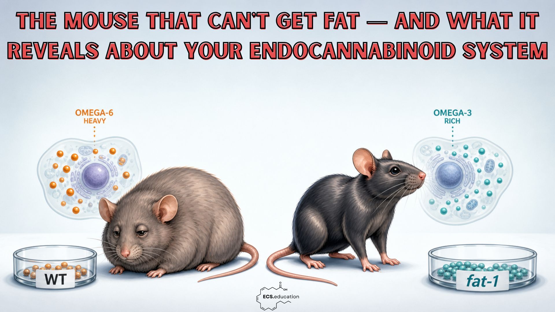 Illustration of a lean fat-1 mouse and a plumper wild-type mouse to explain the fat-1 mouse endocannabinoid system and different membrane fatty acid profiles