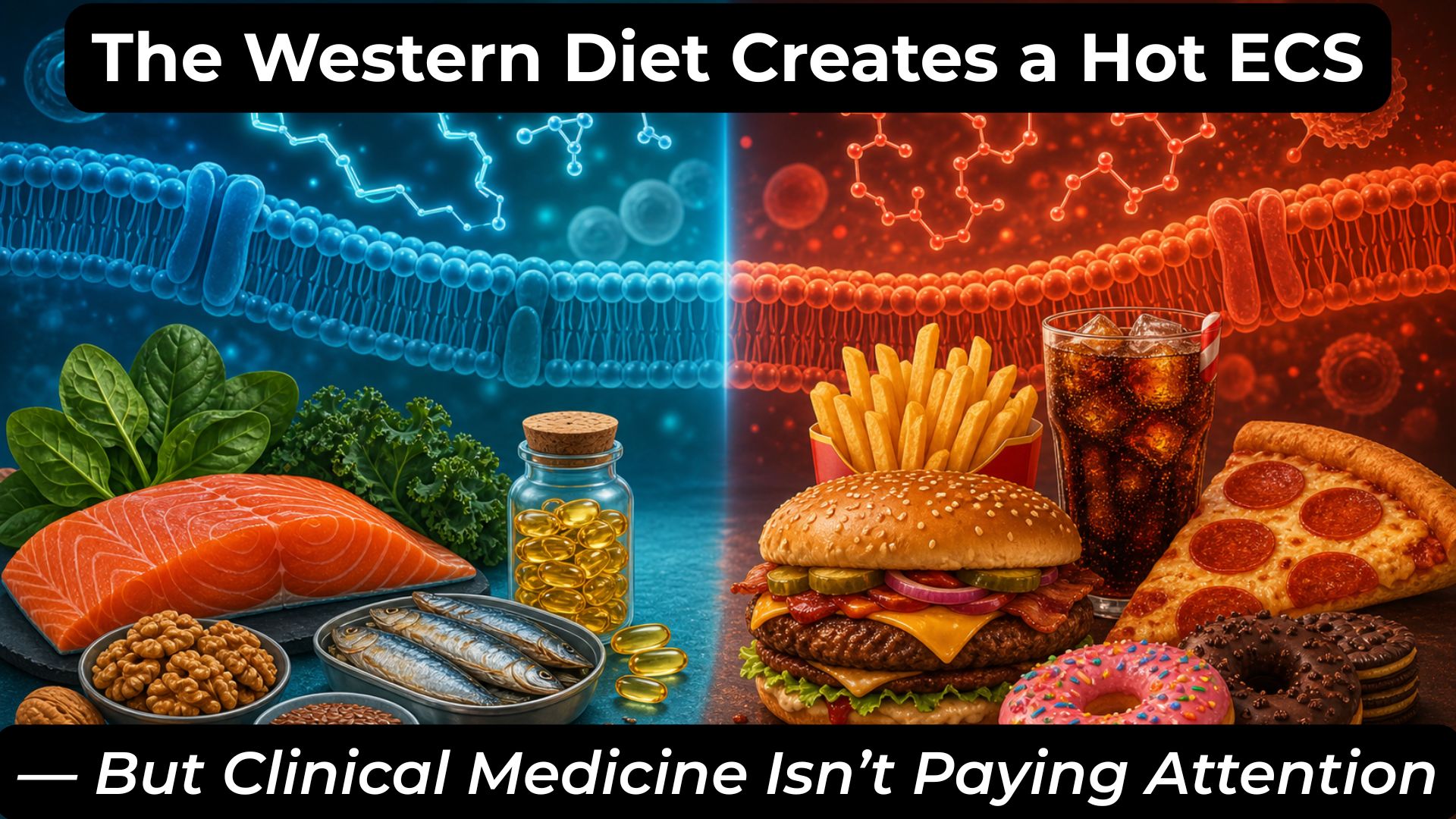 A split-screen blog header illustration of a "hot" and a "cold" ECS, created by dietary choices.