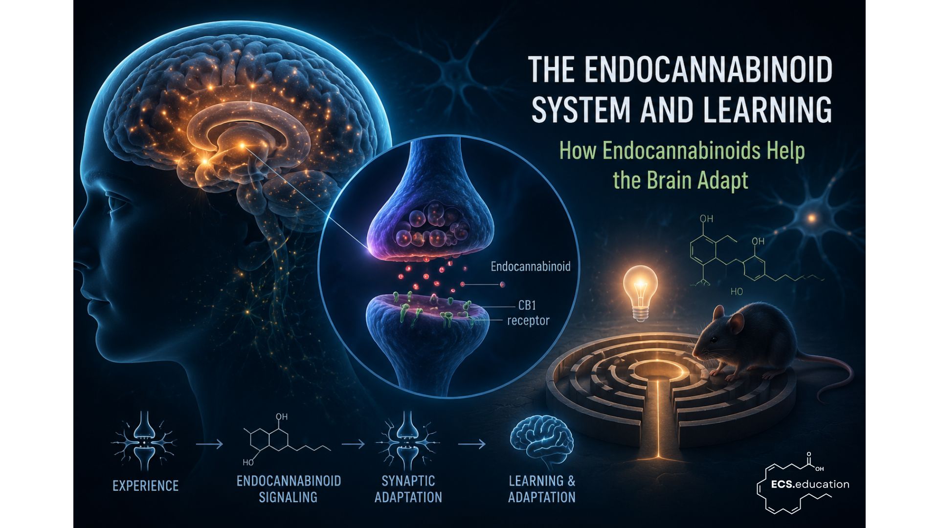 Illustration of endocannabinoid signalling through CB1 receptors in the brain, showing how synaptic adaptation supports learning and behavioural adaptation.