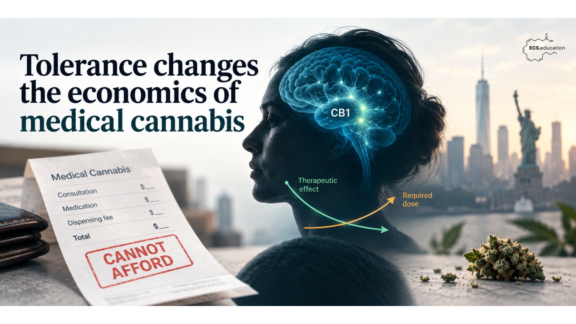Editorial illustration showing a medical cannabis receipt stamped “Cannot Afford,” a patient profile with an illuminated CB1 brain, and schematic curves showing declining therapeutic effect alongside increasing required dose, set against a subtle New York skyline and cannabis flower.